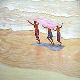 Drei Jungen am Strand mit Tuch · 77 x 73 cm